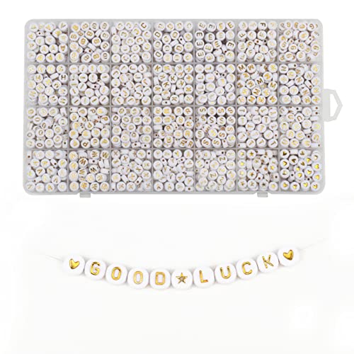 Song Xi 1400 Stück weiße runde Acrylperlen A-Z Alphabet Perlen Gold Buchstaben Perlen 4 x 7 mm Perlen für Armbänder und Schmuckherstellung Schlüsselanhänger von Song Xi