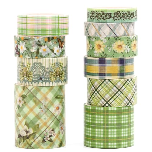 Songdao 10 Rollen Weinlese Blumen Washi Tape Set Dekorative Masking Tapes Schottenstoff Klebeband Bunt für Kunst, DIY Handwerk, Tagebuch, Planer, Scrapbook, Verpackung (Grüner Garten) von Songdao
