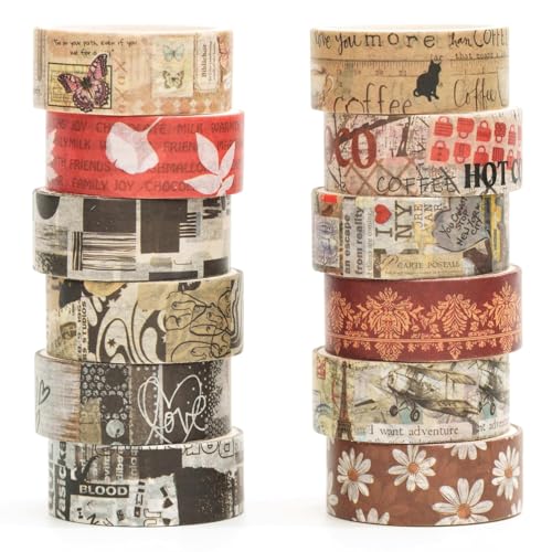 Songdao 12 Rollen Künstlerischer Ausdruck Washi Tape Set Dekorative Retro Pflanzen Masking Tapes Klebeband Bunt für Kunst, DIY Handwerk, Tagebuch, Planer, Scrapbook, Verpackung (3-Retro Notes) von Songdao