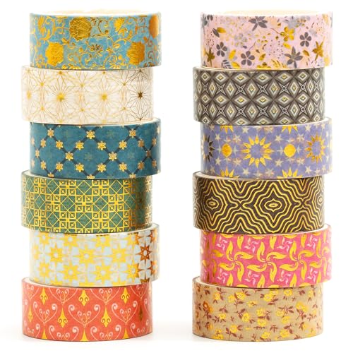 Songdao 12 Rollen charmantes Washi-Tape-Set, Gold-Silberfolie, Detaillierung, Kunst, Klebebänder, Basismuster, dekoratives Abdeckband-Set für Handwerk, Kinder, Scrapbooking, DIY, Geschenkverpackungen von Songdao