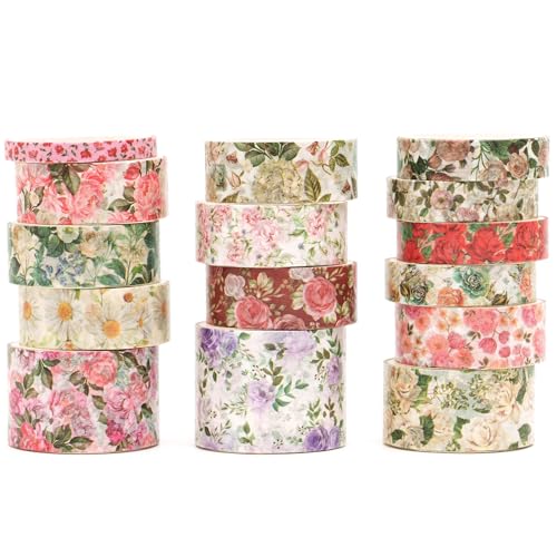 Songdao 15 Rollen Blume Washi Tape Set, Masking Tape Blüht Dekoratives Klebeband Bunt für DIY Handwerk Bullet Journals Planer Scrapbooking Verpackung (Stil 4) von Songdao