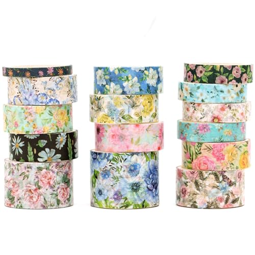 Songdao 15 Rollen Blume Washi Tape Set, Masking Tape Blüht Dekoratives Klebeband Bunt für DIY Handwerk Bullet Journals Planer Scrapbooking Verpackung (Stil 5) von Songdao