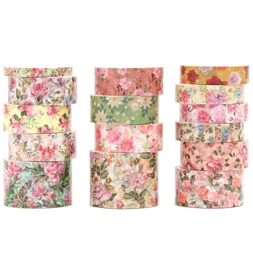 Songdao 15 Rollen Blume Washi Tape Set, Masking Tape Blüht Dekoratives Klebeband Bunt für DIY Handwerk Bullet Journals Planer Scrapbooking Verpackung (Stil 6) von Songdao