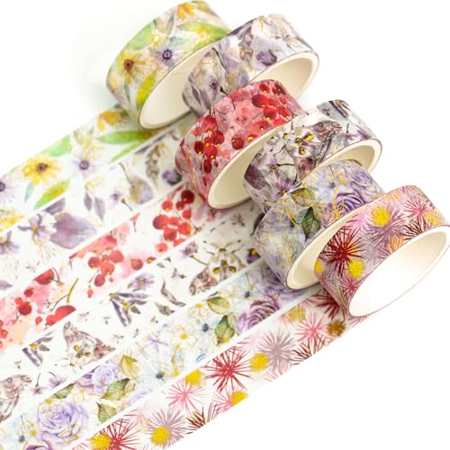 Songdao 6 Rollen Blumen Gold Washi Tape Set Silber Folie Dekoratives Klebeband Bunt für Scrapbooking, Bullet Tagebuch, Planer, Geschenkverpackung (Blooming Meadow) von Songdao