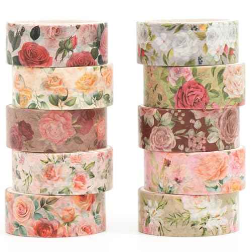 Songdao Blumen Washi Tape Set 10 Rollen Blumenkunst Dekoratives Klebeband Bunt für Scrapbooking, Bullet Tagebuch, Planer, Geschenkverpackung (1-Pinky) von Songdao
