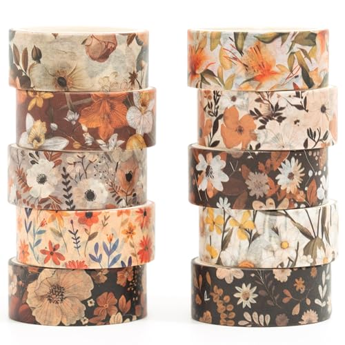 Songdao Blumen Washi Tape Set 10 Rollen Blumenkunst Dekoratives Klebeband Bunt für Scrapbooking, Bullet Tagebuch, Planer, Geschenkverpackung (5-Browns) von Songdao