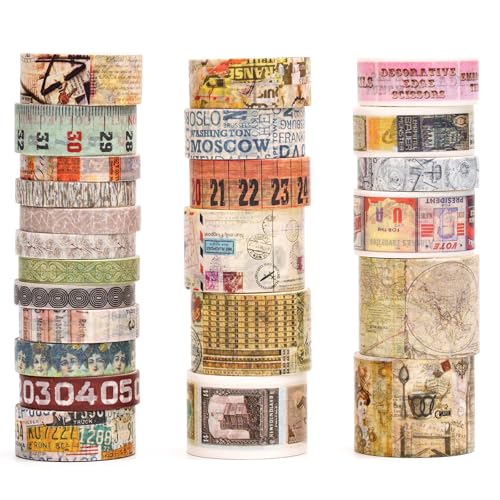 Songdao Retro Washi Tape Set, 24 Rollen Dekorative Antik Masking Tapes Vintage Klebeband Bunt für Kunst, DIY Handwerk, Tagebuch, Planer, Scrapbook, Verpackung (2-Vintage Journey) von Songdao