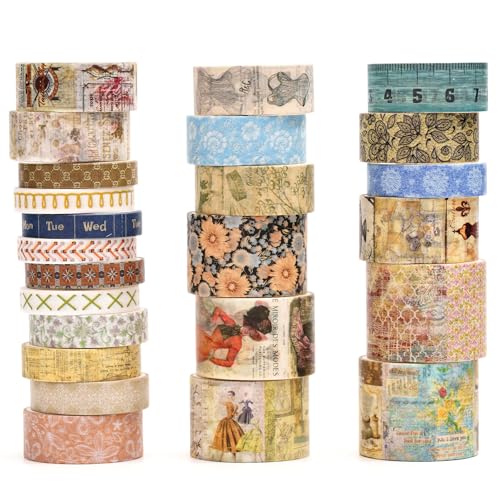 Songdao Retro Washi Tape Set, 24 Rollen Dekorative Antik Masking Tapes Vintage Klebeband Bunt für Kunst, DIY Handwerk, Tagebuch, Planer, Scrapbook, Verpackung (7-Daily Vintage) von Songdao