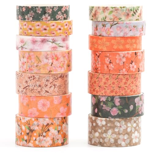 Songdao Sakura Washi Tape Set 14 Rollen Blumen Dekoratives Klebeband Bunt für Scrapbooking, Bullet Tagebuch, Planer, Geschenkverpackung (Amber Blooms) von Songdao