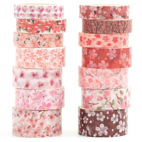 Songdao Sakura Washi Tape Set 14 Rollen Blumen Dekoratives Klebeband Bunt für Scrapbooking, Bullet Tagebuch, Planer, Geschenkverpackung (Blush Petals) von Songdao