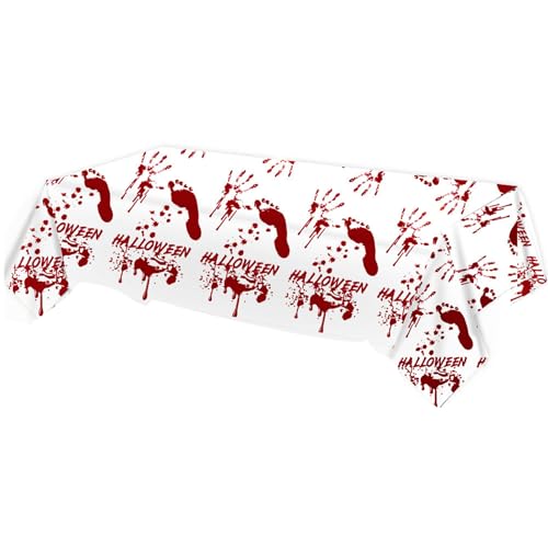 Songelt Robuste Tischdecke mit Blut-Handabdruck-Design, für Halloween, Party, Dekoration, einfache Reinigung, Polyethylen-Gewebe, wasserdicht, Halloween-Tischdecke von Songelt