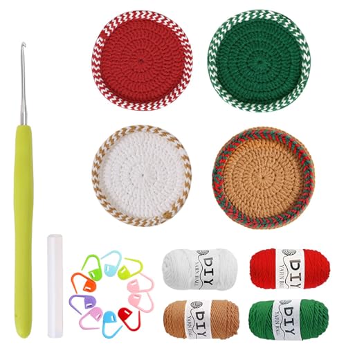 Songelt Weihnachts-Untersetzer, Häkelset mit Nähmarkern, Haken und Faden, schöner Starter für Bastelstarter, Weihnachtsgarn-Set mit Faden Songelt Weihnachts-Untersetzer, Häkelset mit Nähmarkern, Haken und Faden, schöner Starter für Bastelstarter, Weihnachtsgarn-Set mit Faden von Songelt