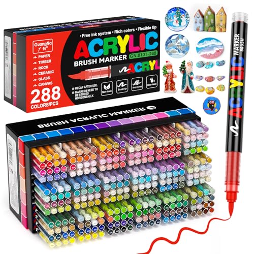 Sonlaryin 288 Farben Acrylstifte für Steine Wasserfest, Permanent Acrylic Marker, Pinselspitze Acrylstifte für Holz, Stoff, Glas, Metall, Papier, Keramik, Deko, Ostereier, Halloween, Weihnachten von Sonlaryin