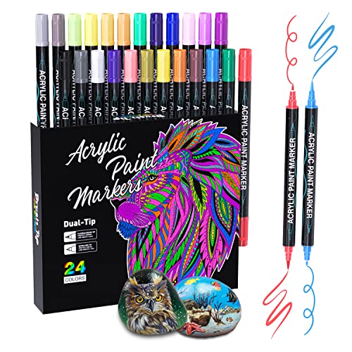 Sonlaryin Acrylstifte Marker Stifte 24 Farben, Doppelspitze Acrylstifte für Steine Wasserfest, Acrylmarker Set für Holz, Glas, Papier, Keramik, Leinwand, Erwachsene Kinder Geschenke Ostern Basteln von Sonlaryin