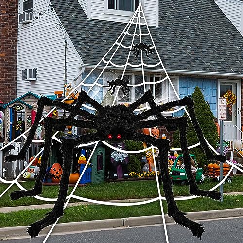 Sonnewelt Halloween Deko, Spinnennetz Deko, Halloween Spinne Set mit 5 m Spinnennetz und 3 Gruselige Spinne (150cm x 1 + 50 cm x 2), Spinnennetz Set fur Halloween Garten, Party Outdoor Dekoration von Sonnewelt