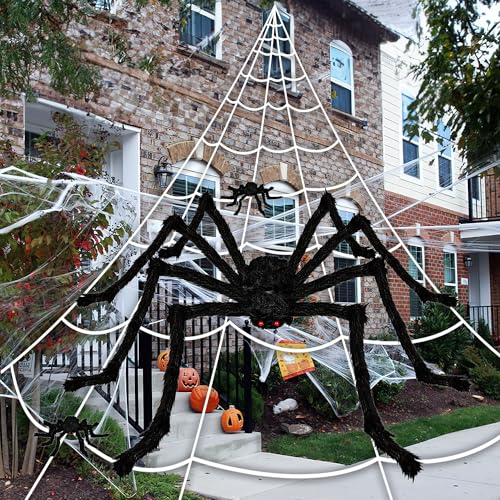 Sonnewelt Halloween Deko, Spinnennetz Deko, Halloween Spinne Set mit 7 m Spinnennetz und 3 Gruselige Spinne (200cm x 1 + 50 cm x 2), Spinnennetz Set fur Halloween Garten, Party Outdoor Dekoration von Sonnewelt