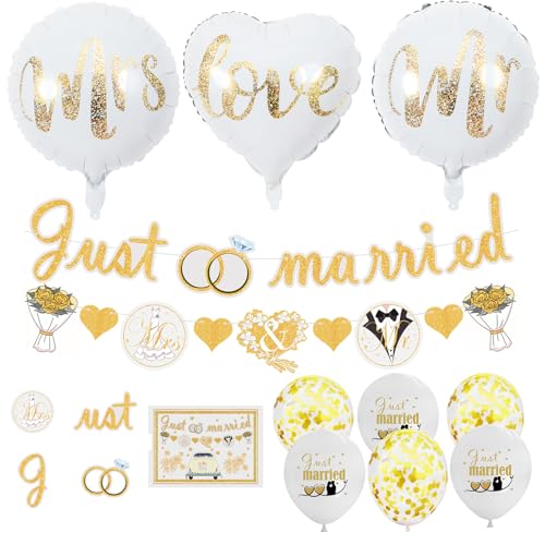 Sonwaha Just Married Girlande, Hochzeitsdeko mit 9 Ballons, Gold, Ideal für Hochzeiten & Brautdusche von Sonwaha