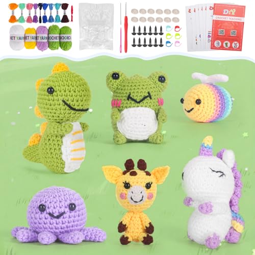 Soobeeke Häkelset für Anfänger Kinder & Erwachsene - 6 Tier-Strickset mit Garn, Haken, Füllung - Häkelsets für Erwachsene - Inklusive Biene, Frosch, Dinosaurier & mehr - Video & gedruckte Anleitung Soobeeke Häkelset für Anfänger Kinder & Erwachsene - 6 Tier-Strickset mit Garn, Haken, Füllung - Häkelsets für Erwachsene - Inklusive Biene, Frosch, Dinosaurier & mehr - Video & gedruckte Anleitung von Soobeeke