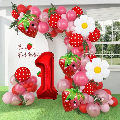 Soonlyn Berry First Birthday Decor 3,6 m Erdbeer-Ballonbogen-Set mit Erdbeer-Ballons, Girlande, Folie, erste Gänseblümchen-Dalloons für den ersten Geburtstag, süße Babyparty von Soonlyn