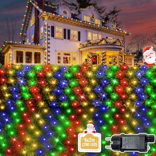 Soontrans LED Lichternetz 6x2m 280 RGB LED, Großflächig Beleuchten, Lichtervorhang Erweiterbar & 8 Modi & Speicherfunktion & IP44 Wasserdicht & mit Trafo, Weihnachtsbeleuchtung für Innen Außen von Soontrans