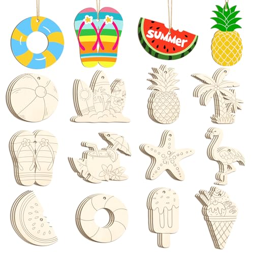 Sommerornamente aus Holz zum Bemalen, 12 Stile, zum Selbermachen, blanko, unlackiertes Holz, Strandausschnitte, Ornament zum Basteln, hängende Dekorationen, Wassermelonen, Surfbrett, Hausschuhe von Sophena