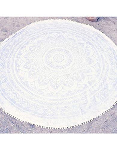 Picknickdecke zum Aufhängen, Strandtuch, Yoga, Hippie, Hippie-Tisch, Mandala, Baumwolle, Wandtuch, Tischdecke, Boho, rund, , indische Picknickdecke mit weißen Pompon-Quasten (Must006, 183 cm) von Sophia-Art