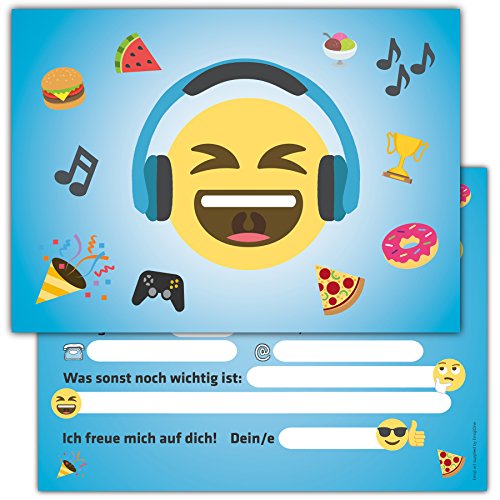 Einladungskarten Kindergeburtstag - Set mit 12 vorgeschriebenen Einladungskarten Smiley - Emoji Einladungskarten Kindergeburtstag Jungen Mädchen von Sophies Kartenwelt