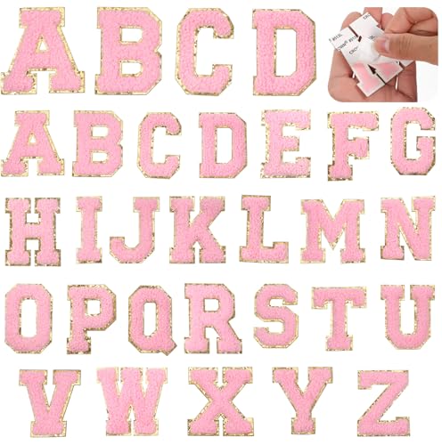 26 Stück Chenille Patches, Klebebuchstaben Selbstklebende Chenille-Buchstaben-Aufnäher Rosa Flicken Sticker Patches zum Aufnähen Buchstaben zum Aufbügeln für DIY Kleidung Stoff Schuhe Jeans Jacke von Sorcristy