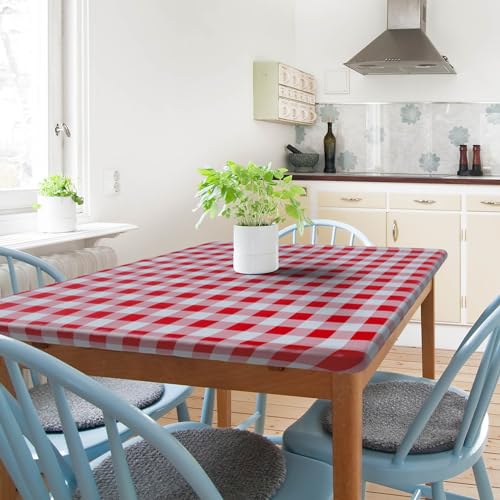 Sorfey Tischdecke – Ausgestattet mit elastischem Vinyl mit Flanell-Rückseite, passend für Tische 76.2 cm bis 91.4 cm Bx152.4 cm L, rechteckig, dehnbar, leicht zu reinigen, kariertes rotes Design von Sorfey