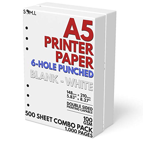 A5, blanko, 6-fach gelocht, 500 Blatt (1.000 Seiten), 100 g/m², Druckerpapier 148 mm x 210 mm von Sort Out My Life