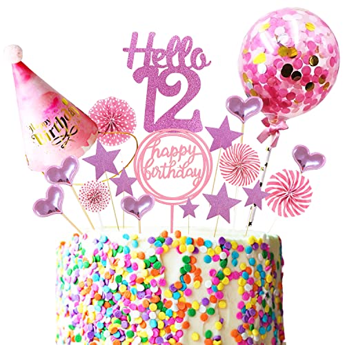 12.Geburtstag Kuchen Dekoration,Konfetti Luftballon und Papierfächer Kuchendeko Geburtstagstorte Topper,Happy Birthday Cake Topper (Pink-12) von Sorzlluo