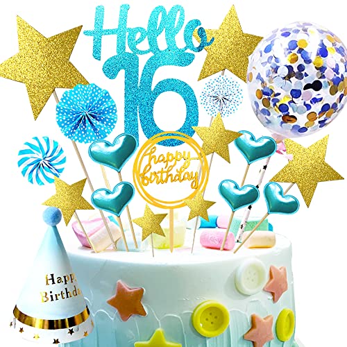 16.Geburtstag Kuchen Dekoration,Konfetti Luftballon und Papierfächer Kuchendeko Geburtstagstorte Topper,Happy Birthday Cake Topper (16) von Sorzlluo