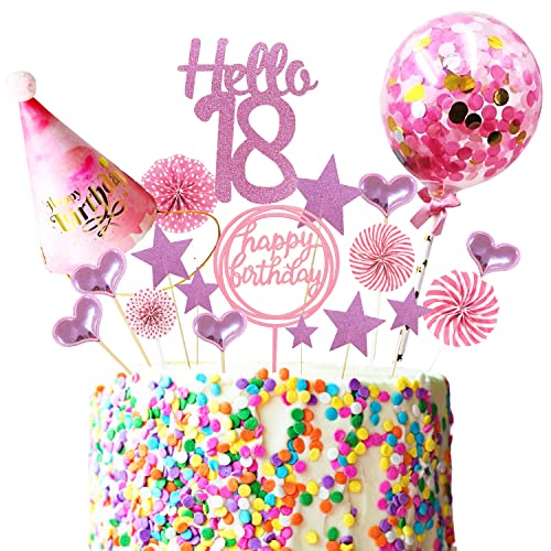 18.Geburtstag Kuchen Dekoration,Konfetti Luftballon und Papierfächer Kuchendeko Geburtstagstorte Topper,Happy Birthday Cake Topper (Pink-18) von Sorzlluo