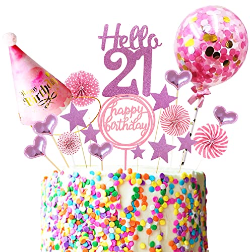 21.Geburtstag Kuchen Dekoration,Konfetti Luftballon und Papierfächer Kuchendeko Geburtstagstorte Topper,Happy Birthday Cake Topper (Pink-21) von Sorzlluo