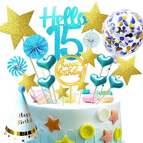 15.Geburtstag Kuchen Dekoration,Konfetti Luftballon und Papierfächer Kuchendeko Geburtstagstorte Topper,Happy Birthday Cake Topper (15) von Sorzlluo