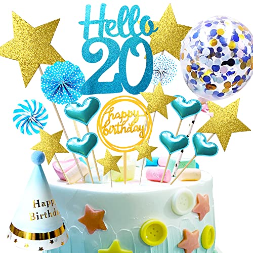 20.Geburtstag Kuchen Dekoration,Konfetti Luftballon und Papierfächer Kuchendeko Geburtstagstorte Topper,Happy Birthday Cake Topper (20) von Sorzlluo