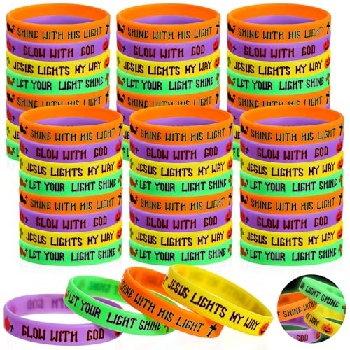 Sosation 100 Stück im Dunkeln leuchtende Halloween-Silikon-Gummi-Armbänder, Großpackung Kürbis, christliche Armbänder für Halloween, religiöse Partygeschenke, Dekorationen, Geschenktüten für Süßes von Sosation