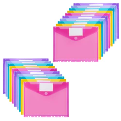 Sosayet Dokumententasche A4 Abheftbar - 20 Pack Dokumentenmappe A4 mit 11 Lochrand Klettverschluss und Etikettentasche - Wasserdicht Sammelmappen für Dokumente Organisieren (5 Farben) von Sosayet