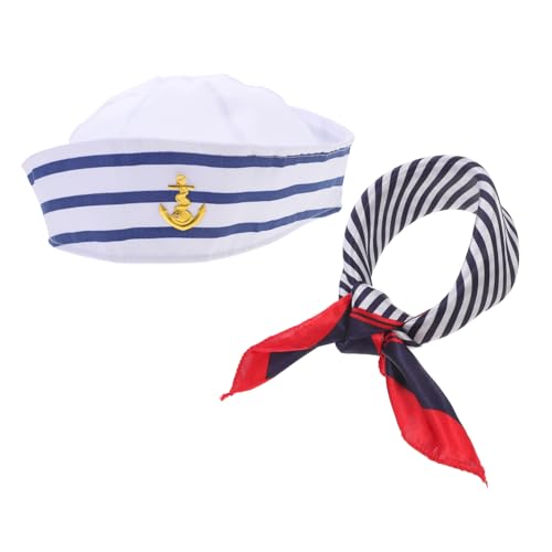 Sosoport 1 Satz Matrosen Hut und Schal Set Cosplay Kapitänsmütze Zubehör für Kostüme Blau Weiße Streifen Kopfumfang Unisex für Karneval und Mottopartys von Sosoport