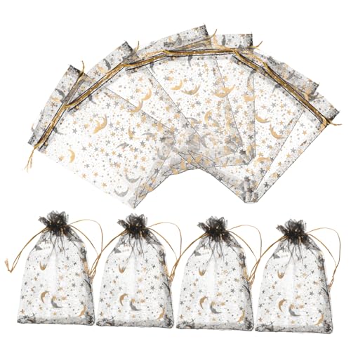 Sosoport 100 Stück Kleine Schwarze Organza Säckchen mit Zugband Feines Mesh Goldene Stern und Mondprägung Geschenkbeutel für Hochzeit Party Schmuckaufbewahrung Vielseitig Einsetzbar von Sosoport