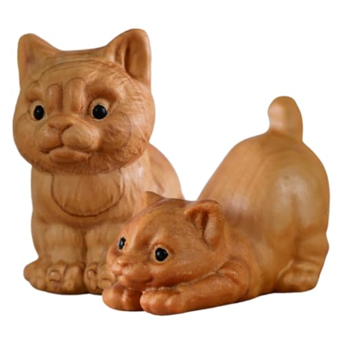 Sosoport 2 Stück Holzfigur Katzen Skulptur Handgeschnitzte Miniatur Katzen Deko Süße Tierfigur für Schreibtisch Kreative Moderne Wohnkultur von Sosoport