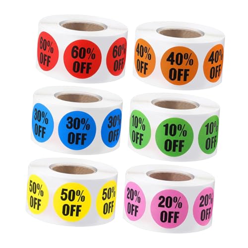 Sosoport 6 Rollen Rabattaufkleber bis Rabatt Etiketten Selbstklebend Bunte Preisaufkleber für Einzelhandel Lagerverkäufe Vielseitig für Kartons Glas Papier von Sosoport