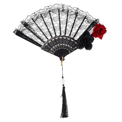 Sosoport Schwarzer Spitzen Faltfächer Damen Handfächer mit Romantischer Spitze und Anhänger Viktorianischer Gothic Stil Faltbarer Tanz Fächer für Halloween Lolita Kostüm Hochzeit Party von Sosoport