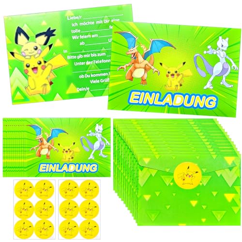 12 Stück Cartoon Einladungskarten Kindergeburtstag, Einladungskarten + Umschläge + Thema aufkleber Set, Anime Deutsche Geburtstag Einladungskarten, Einladungskarten Set für Themed Party (Green) von Sotobegirl