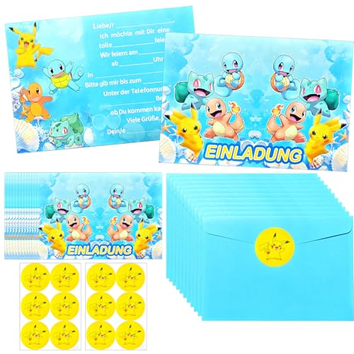 Sotobegirl Einladungskarten Kindergeburtstag Junge Mädchen, 12pcs Anime Cartoon Deutsche Geburtstag Partyeinladungen mit Umschlägen Aufklebern, Geburtstag Einladungskarten Set für Themed Party (Blue) von Sotobegirl
