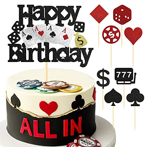9pcs Casino Happy Birthday Cake Toppers, Casino Poker Dice Cake Decoration Set, Black Red Glitter Casino Chips Heart Cupcake Toppers for Las Vegas Themed Birthday Party Decoration von Sotpot