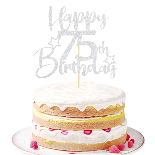 Sotpot 1 Packung 75 Geburtstag Kuchen Topper Doppelseitig Silber Glitzer Kuchen Topper mit Stern Muster Kuchen Dekoration für Happy 75th Birthday Party Kuchen Dekorationen von Sotpot