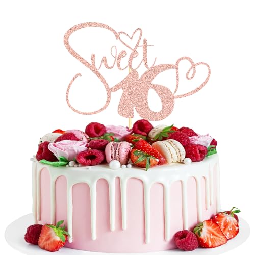Sotpot 1 x Rose Gold Glitter Sweet 16 Cake Topper, Happy 16th Birthday Party Supplies, Sweet 16 Theme Party Decorations, Sweet 16 Birthday Cake Party Supplies von Sotpot