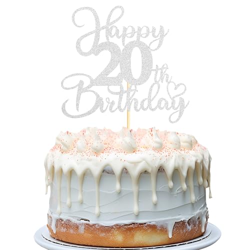 Sotpot 1 x Tortenaufsatz "Happy 20th Birthday", doppelseitig, silberfarben, glitzernd, Kuchendekoration für 20. Geburtstag, Jahrestag, Party-Kuchendekorationen von Sotpot