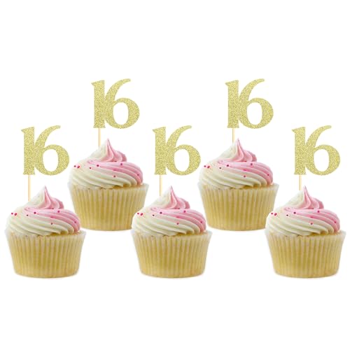 Sotpot Cupcake-Aufsätze zum 16. Geburtstag, goldfarben, glitzernd, 30 Stück, für 16. Geburtstag, Jahrestag, Party-Dekorationen von Sotpot